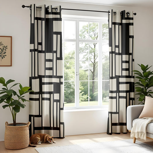 Onay Abstract Geometric Block Curtains – Black and Beige Minimalist Drapes for Modern Interiors