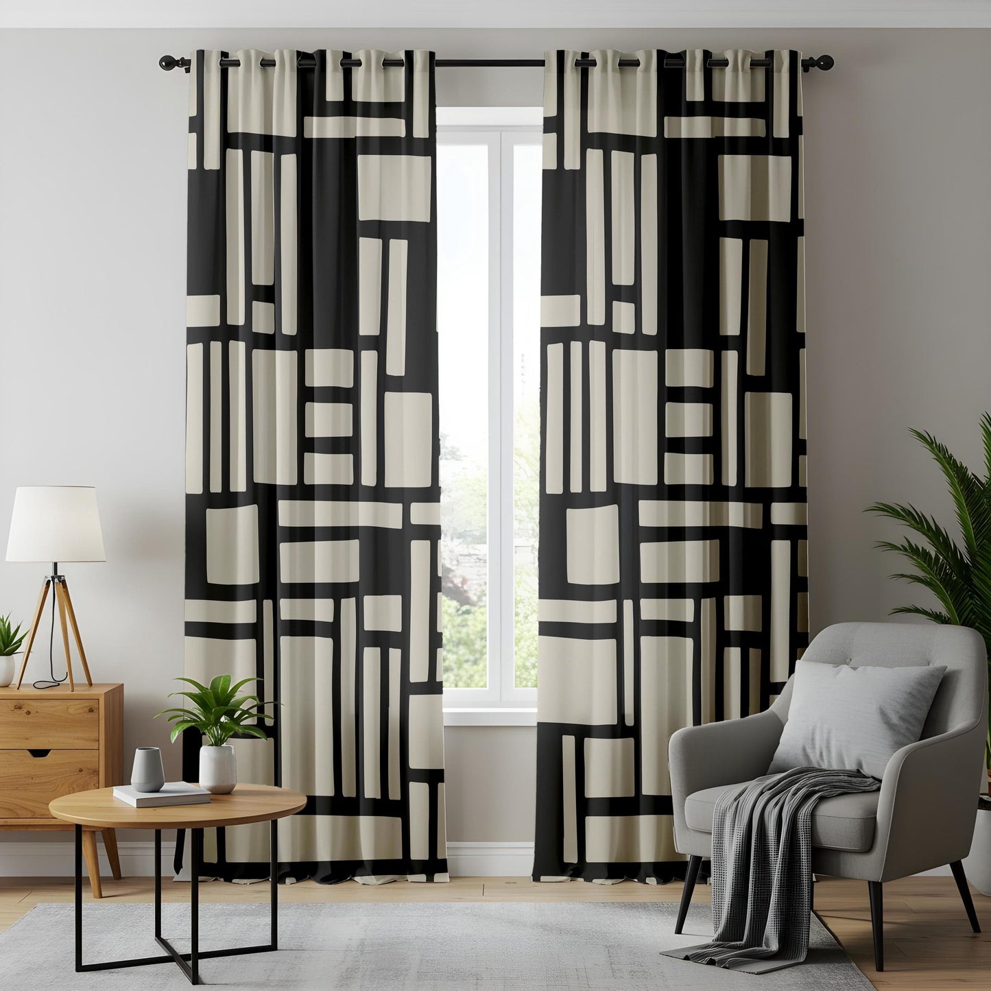 Onay Abstract Geometric Block Curtains – Black and Beige Minimalist Drapes for Modern Interiors