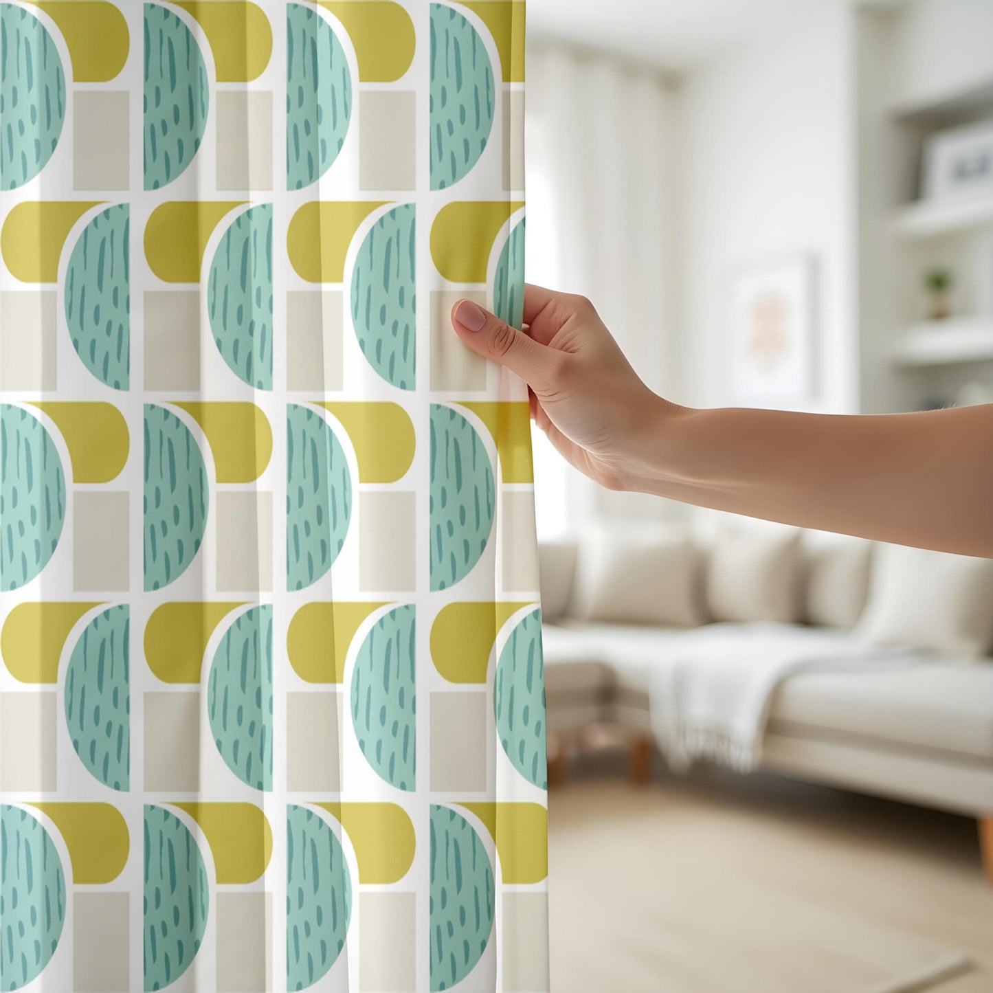 Onay Abstract Geometric Curtains – Teal and Mustard Drapes for Stylish Modern Minimalist Interiors