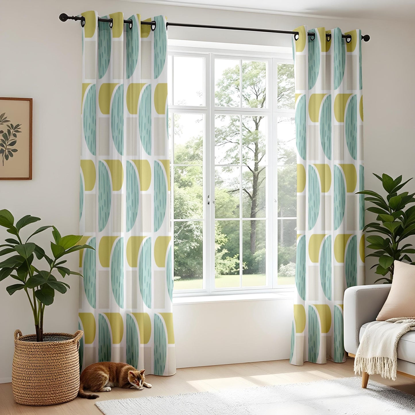Onay Abstract Geometric Curtains – Teal and Mustard Drapes for Stylish Modern Minimalist Interiors