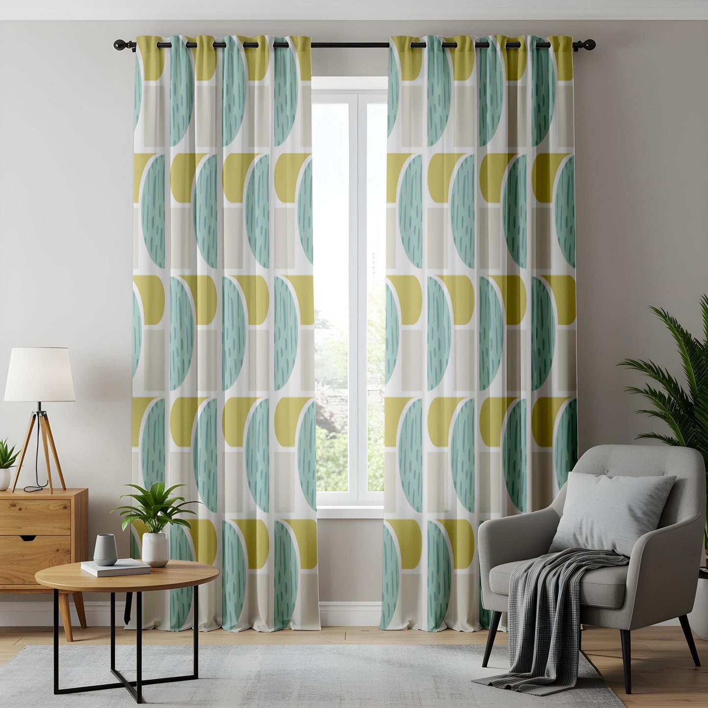 Onay Abstract Geometric Curtains – Teal and Mustard Drapes for Stylish Modern Minimalist Interiors