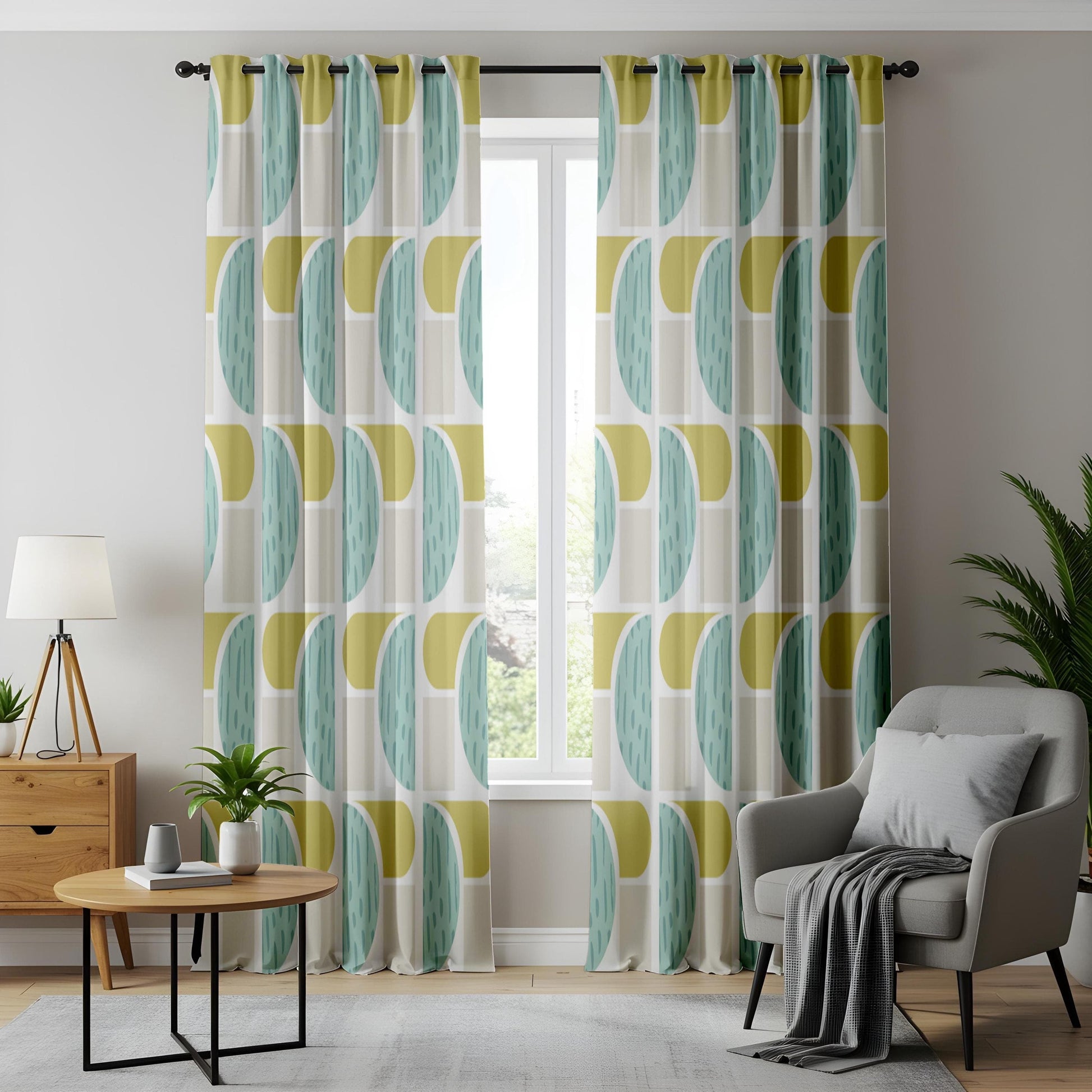 Onay Abstract Geometric Curtains – Teal and Mustard Drapes for Stylish Modern Minimalist Interiors