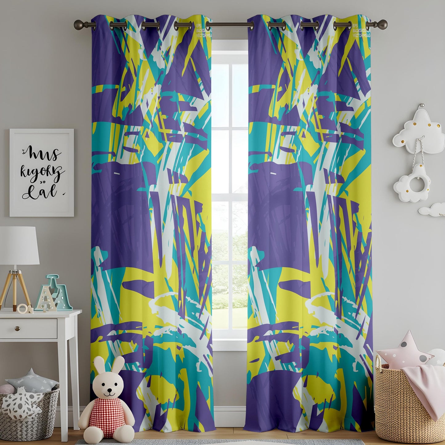 Onay Abstract Graffiti Curtains – Vibrant Electric Color Splash Drapes with Bold Brushstroke Design