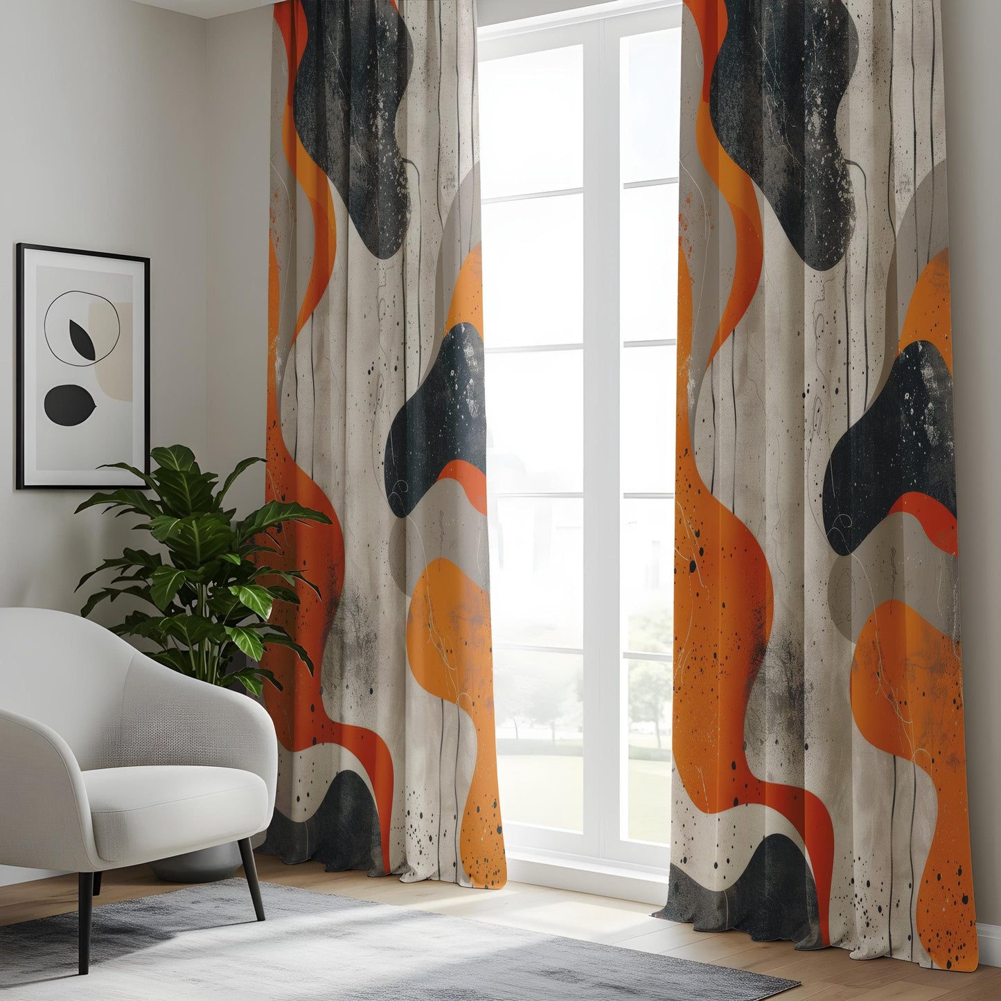 Onay Abstract Modern Living Room Curtains, Orange and Grey Contemporary Drapes
