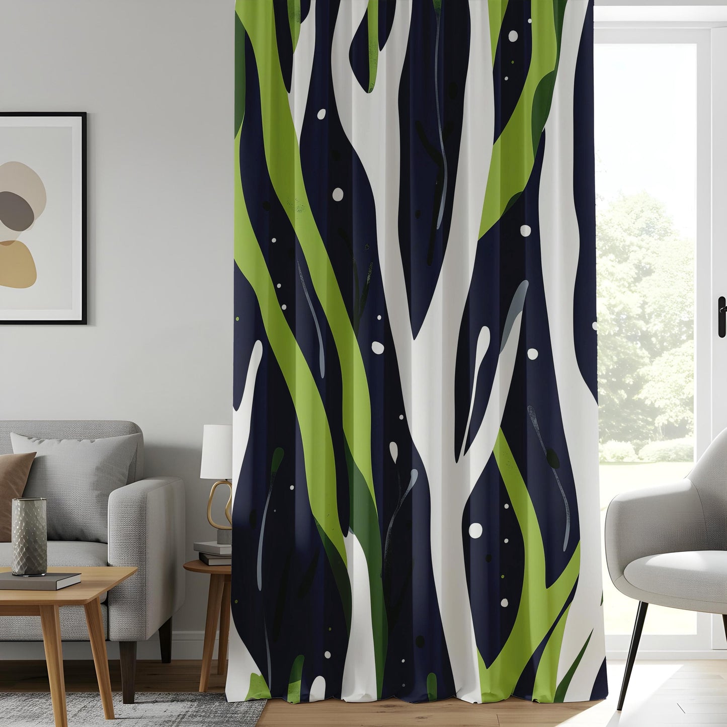 Onay Abstract Nature Curtains in Green and Navy Blue Drapes
