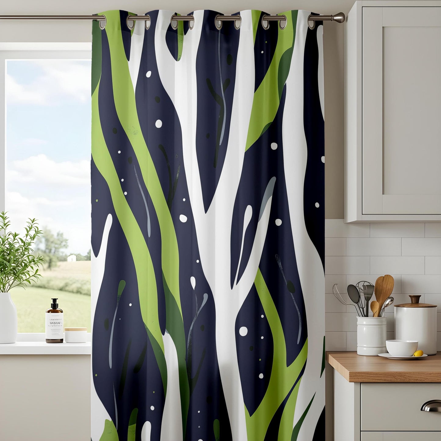 Onay Abstract Nature Curtains in Green and Navy Blue Drapes
