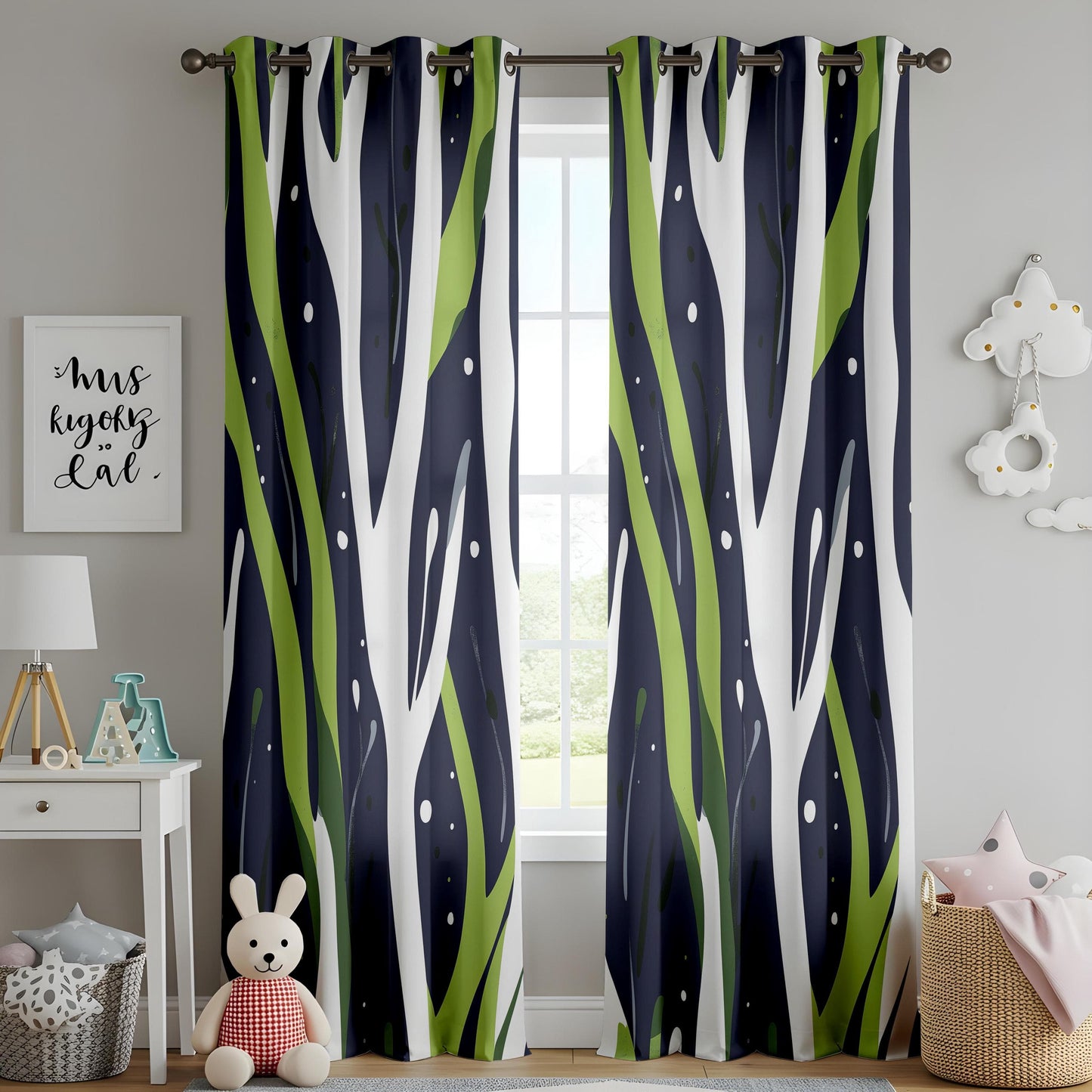 Onay Abstract Nature Curtains in Green and Navy Blue Drapes