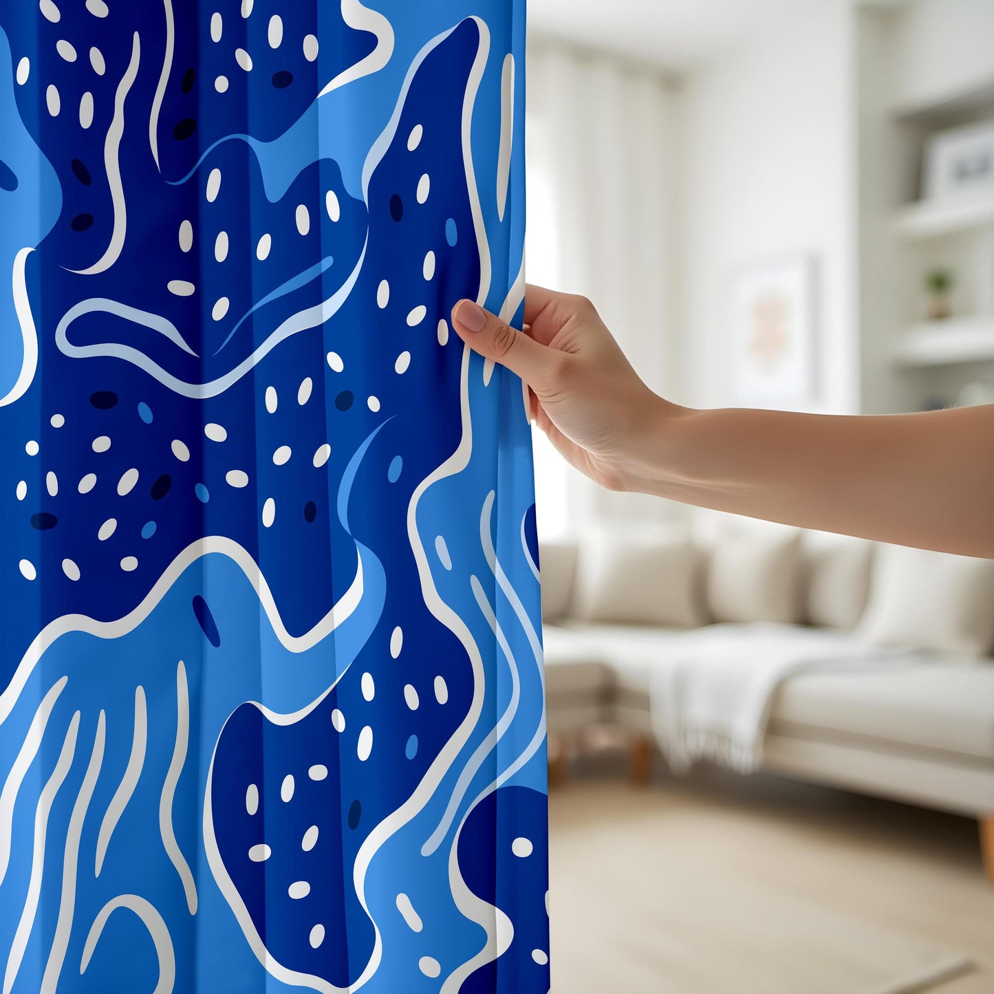 Onay Abstract Ocean-Inspired Curtains, Wavy Blue and White Pattern