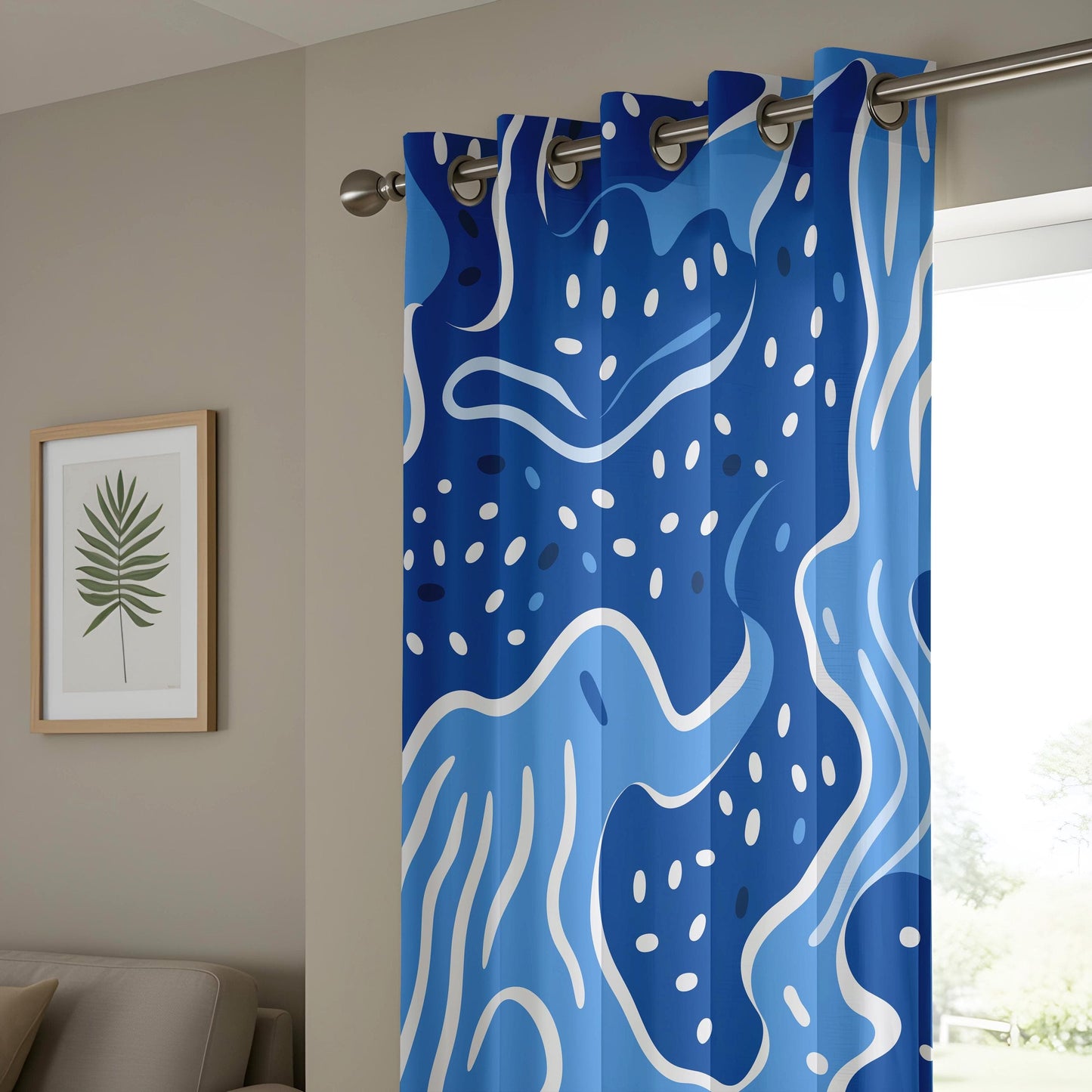 Onay Abstract Ocean-Inspired Curtains, Wavy Blue and White Pattern