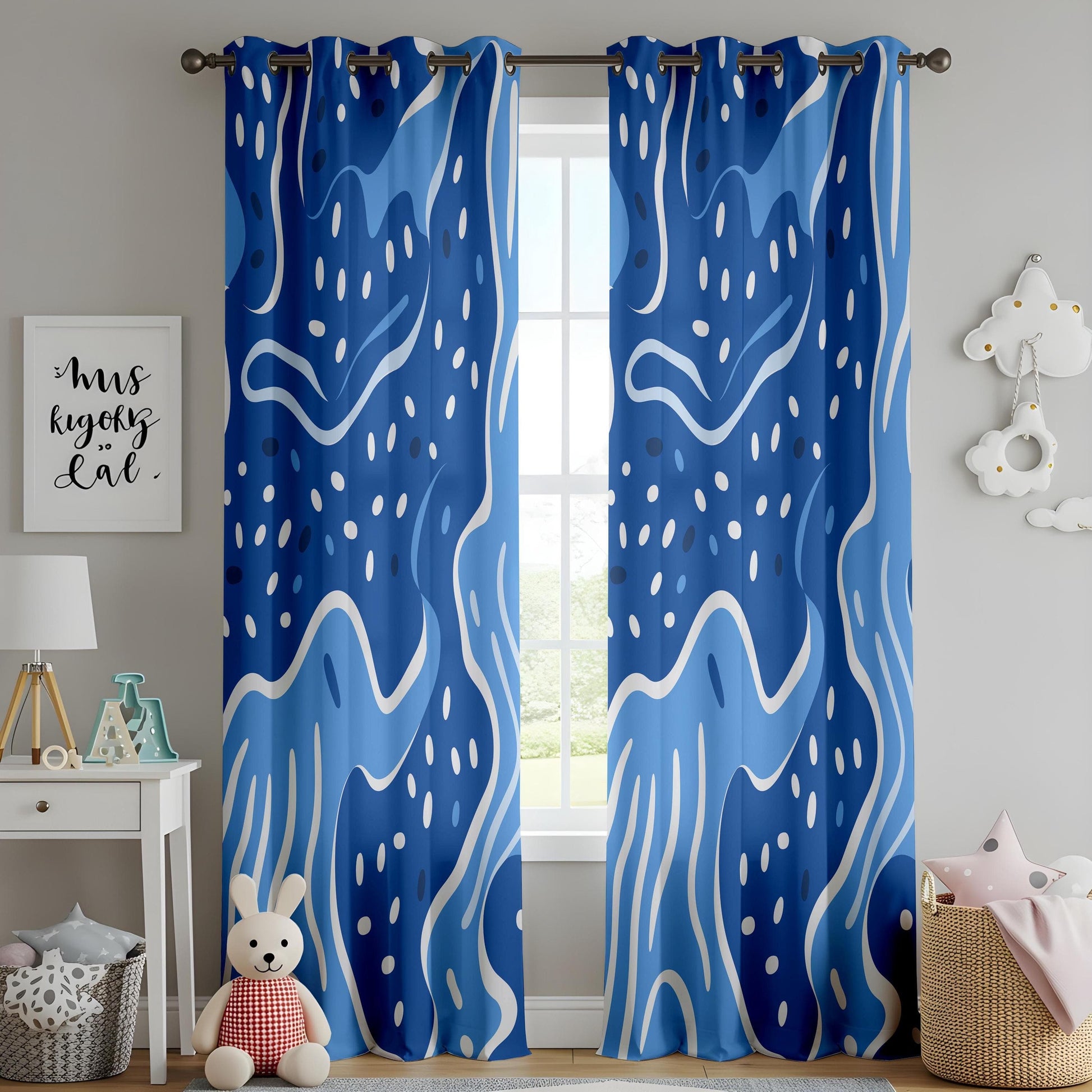 Onay Abstract Ocean-Inspired Curtains, Wavy Blue and White Pattern