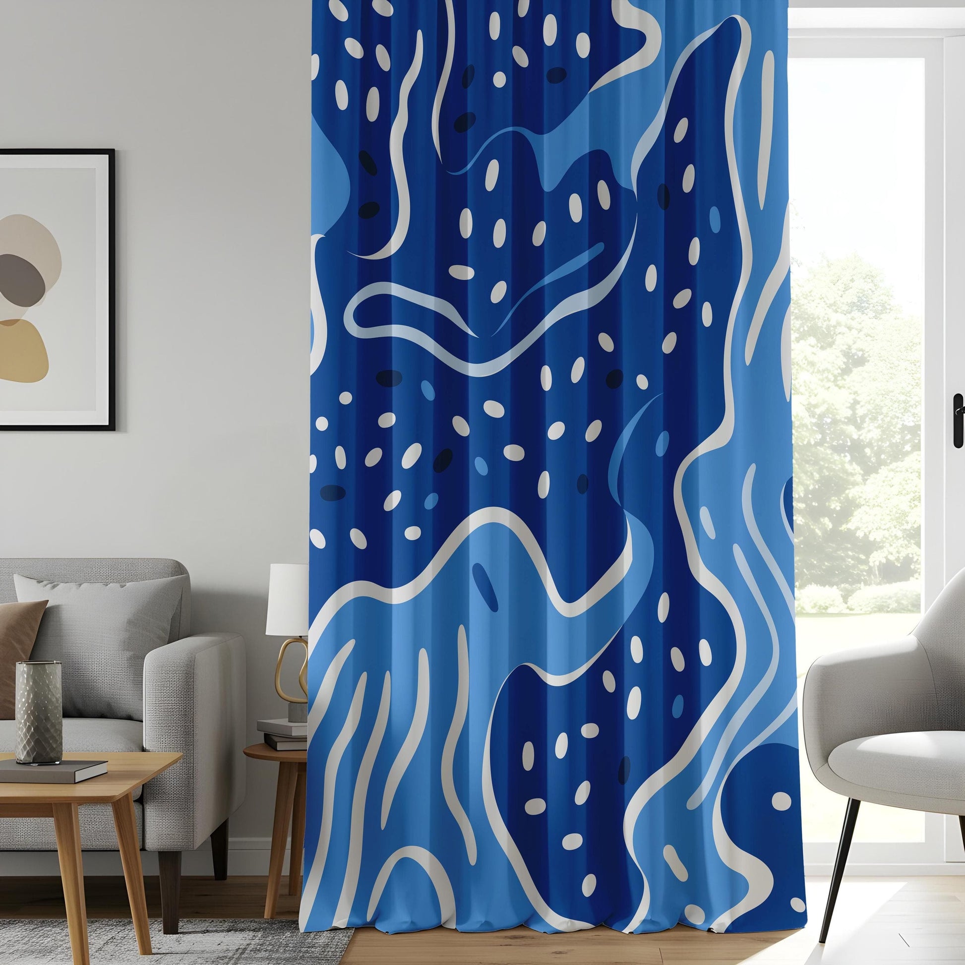 Onay Abstract Ocean-Inspired Curtains, Wavy Blue and White Pattern