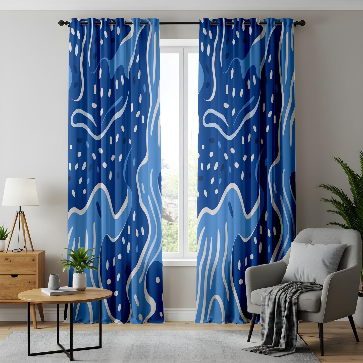 Onay Abstract Ocean-Inspired Curtains, Wavy Blue and White Pattern