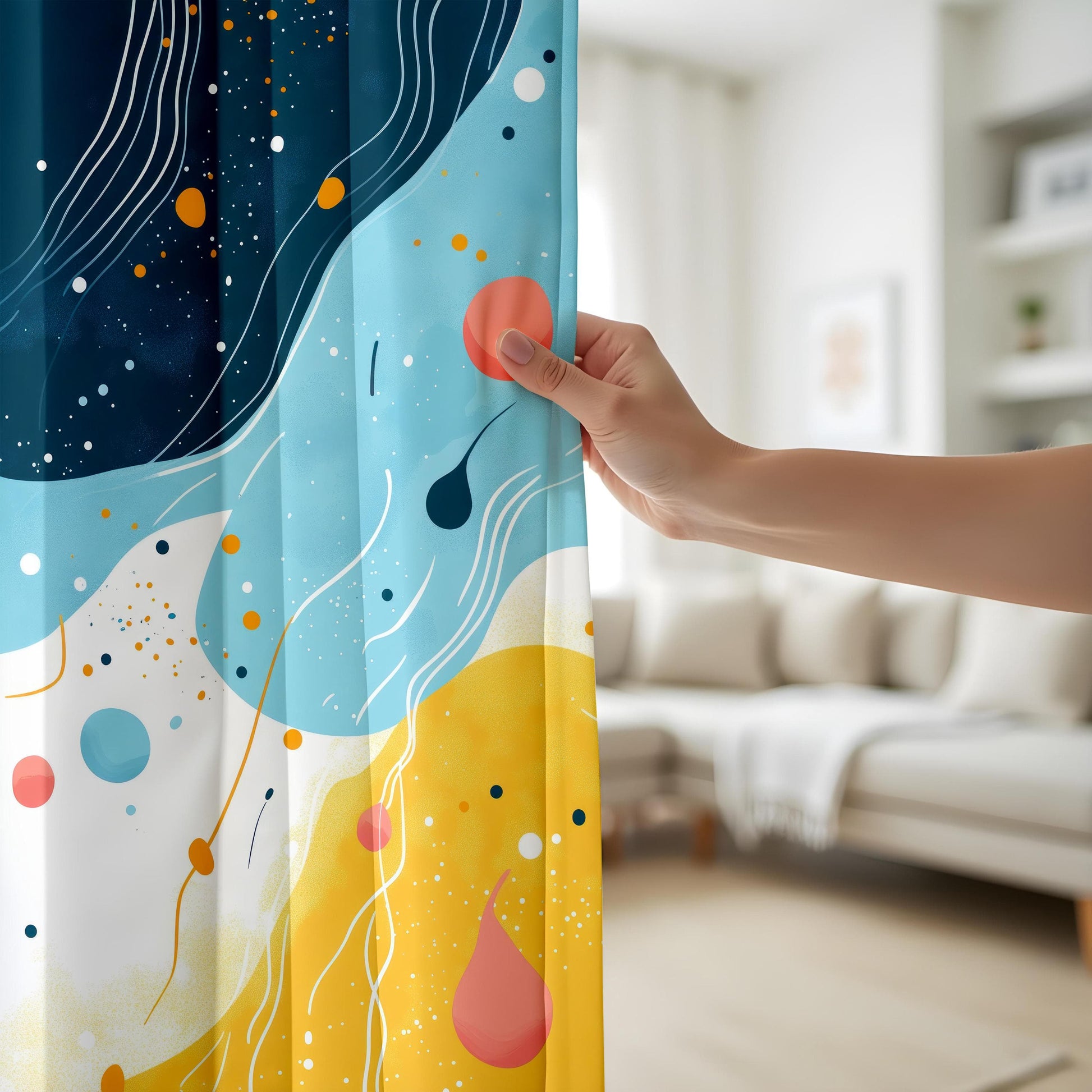 Onay Abstract Ocean Wave Curtains, Blue & Yellow Artistic Drapes