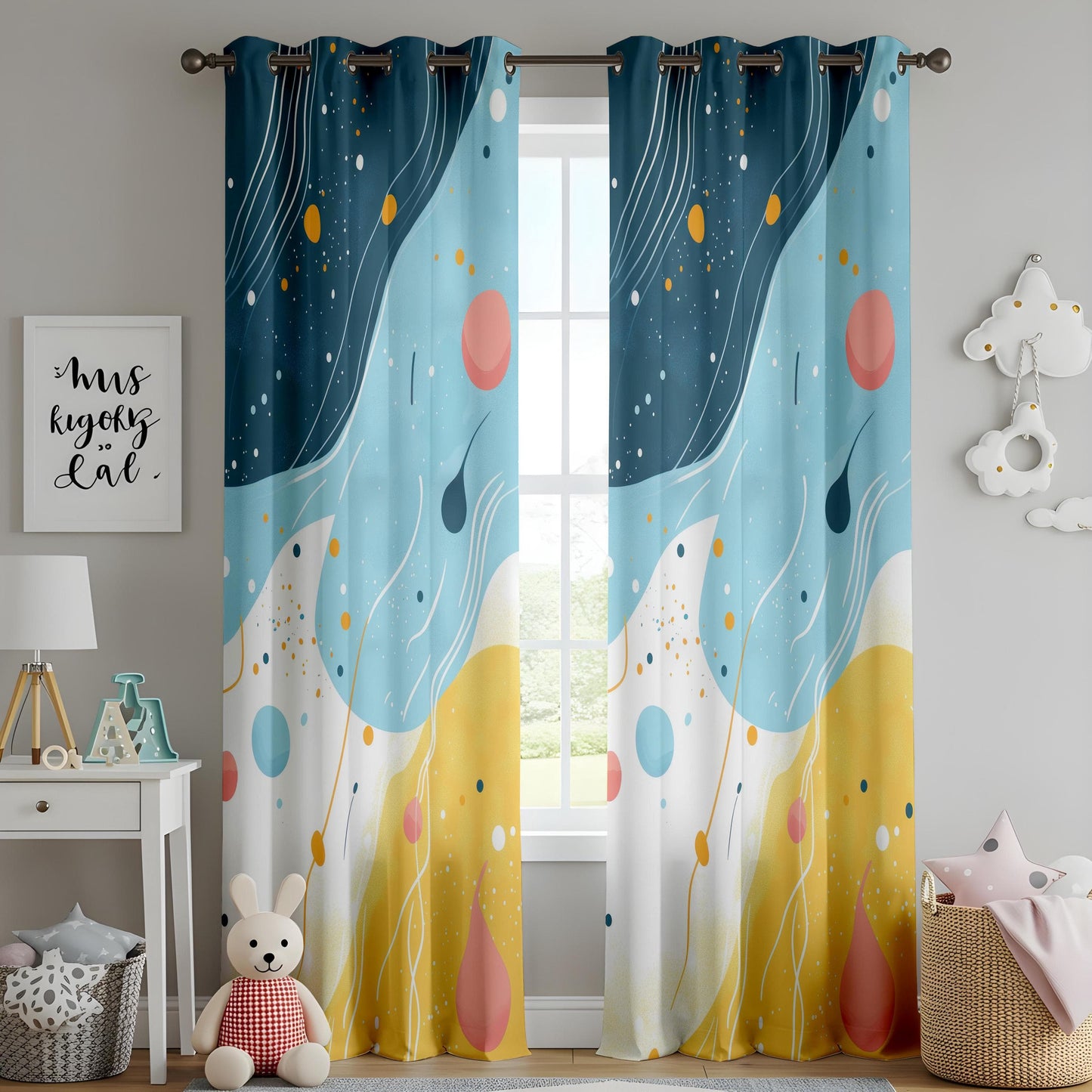 Onay Abstract Ocean Wave Curtains, Blue & Yellow Artistic Drapes