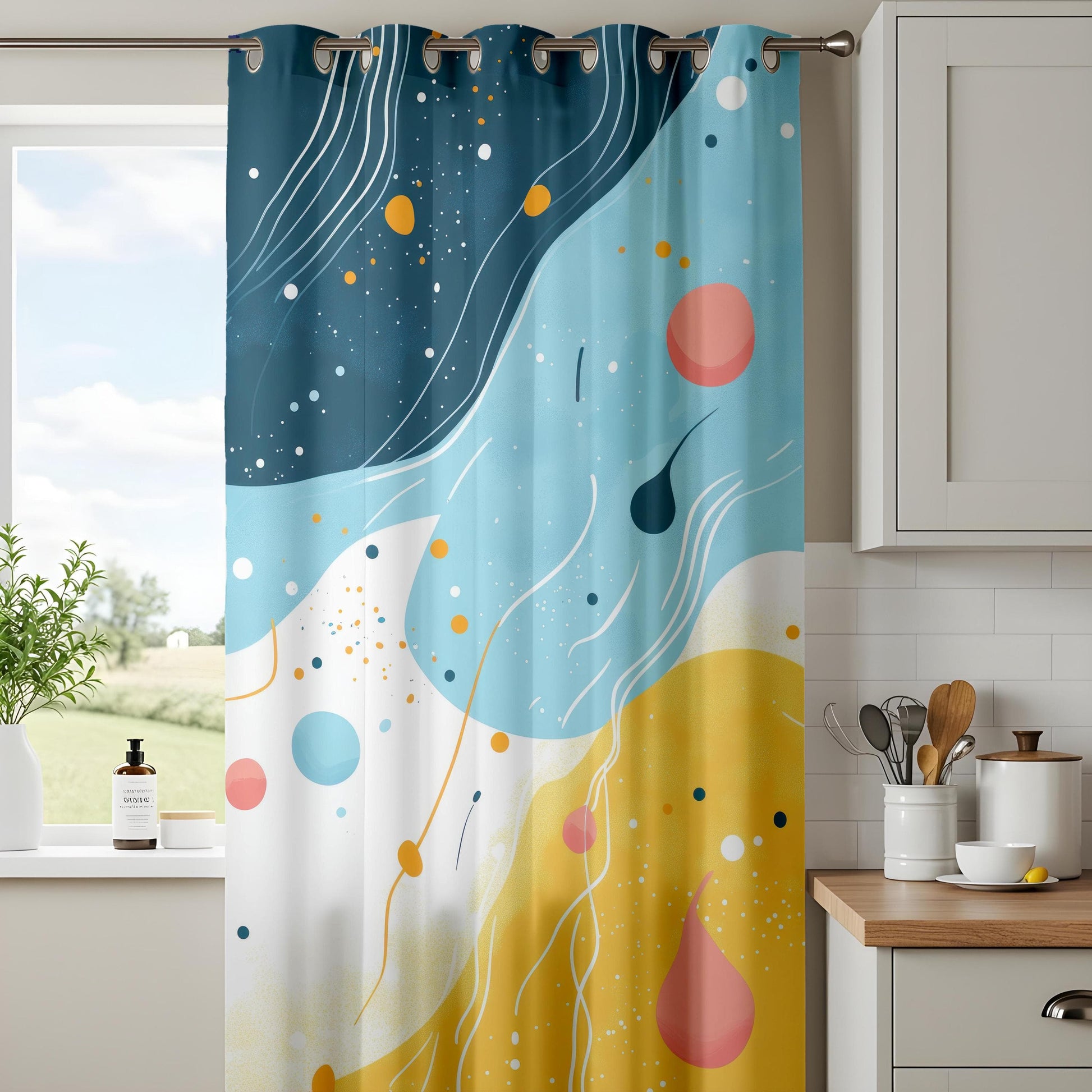Onay Abstract Ocean Wave Curtains, Blue & Yellow Artistic Drapes