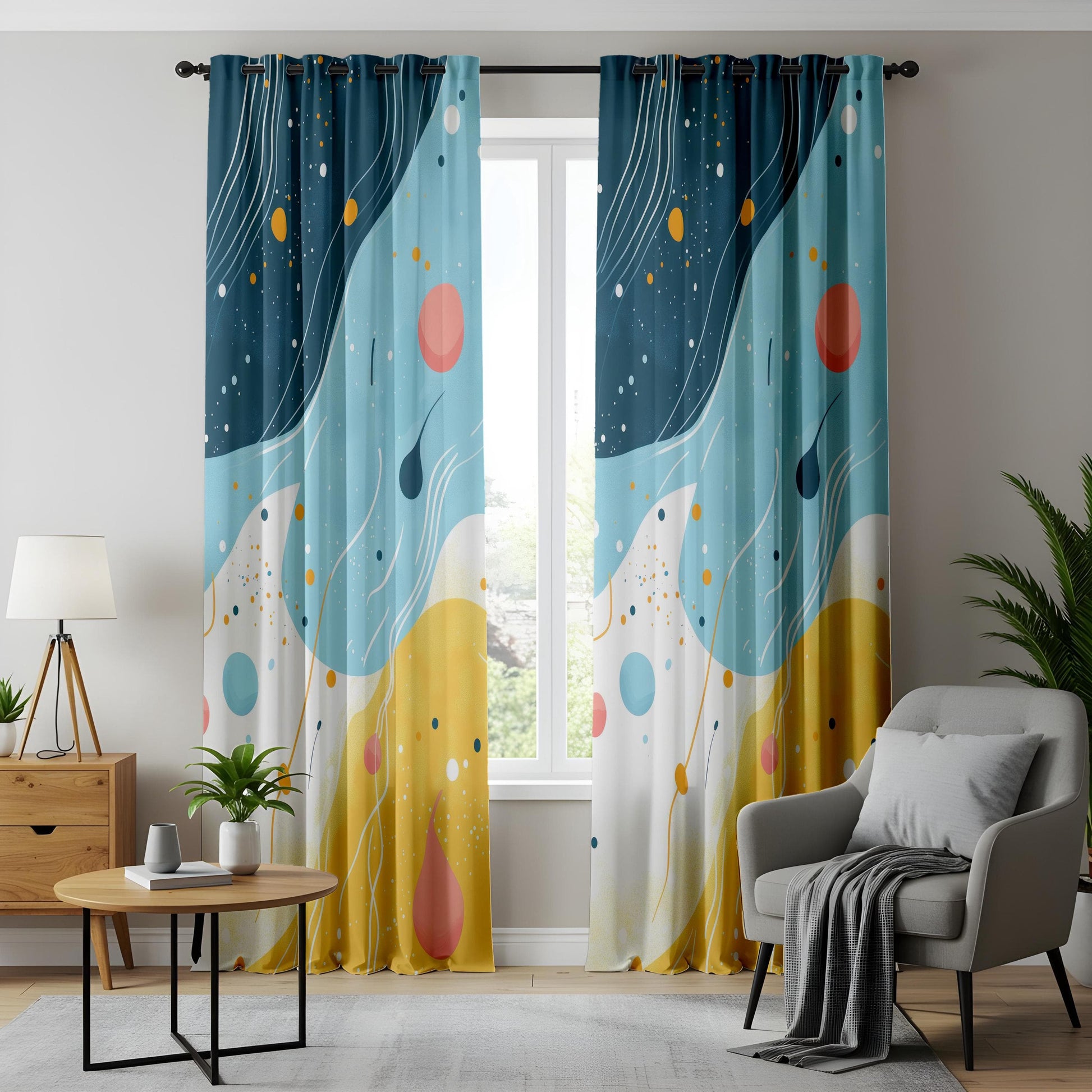 Onay Abstract Ocean Wave Curtains, Blue & Yellow Artistic Drapes
