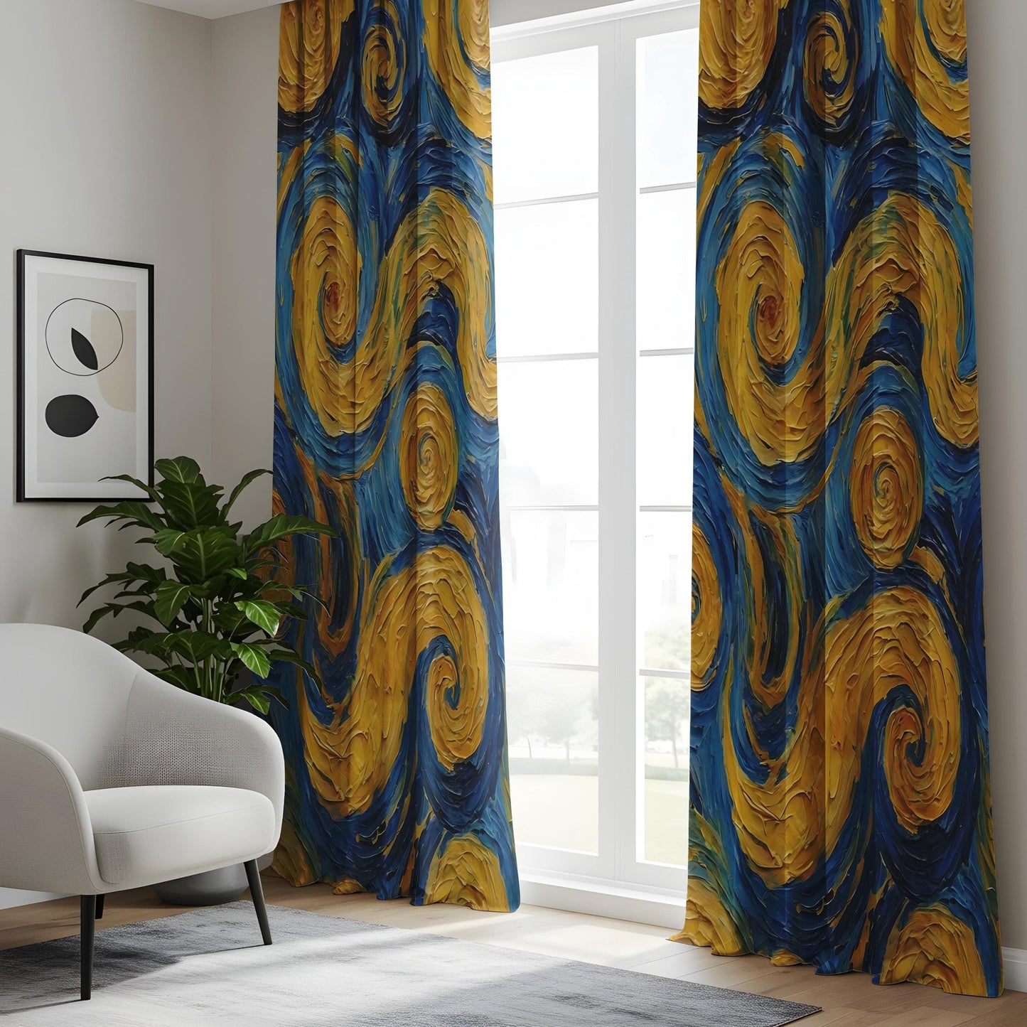 Onay Abstract Swirl Curtains – Blue & Yellow Painterly Drapes