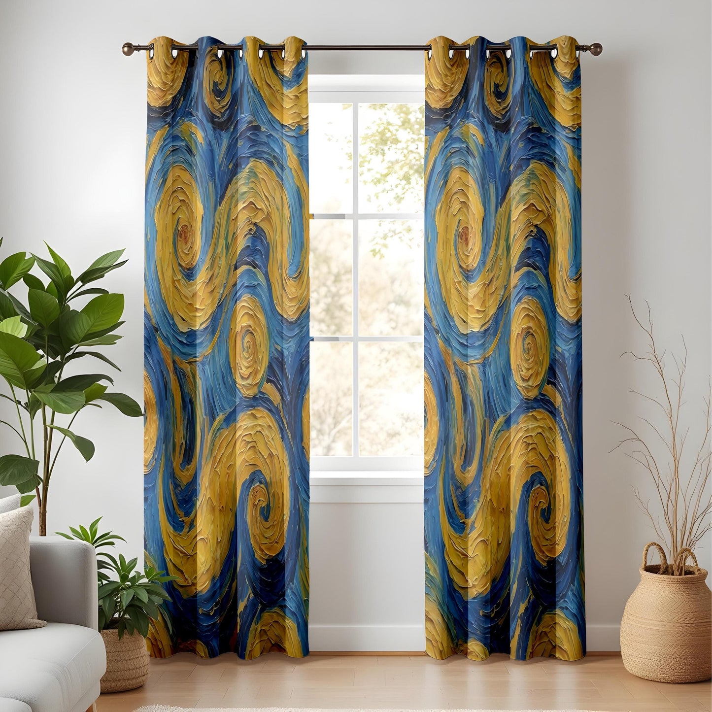 Onay Abstract Swirl Curtains – Blue & Yellow Painterly Drapes