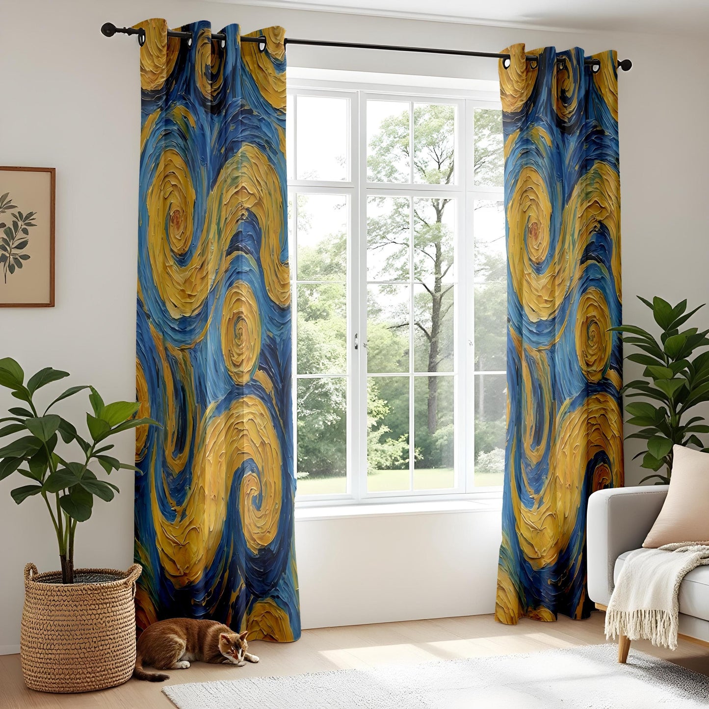 Onay Abstract Swirl Curtains – Blue & Yellow Painterly Drapes