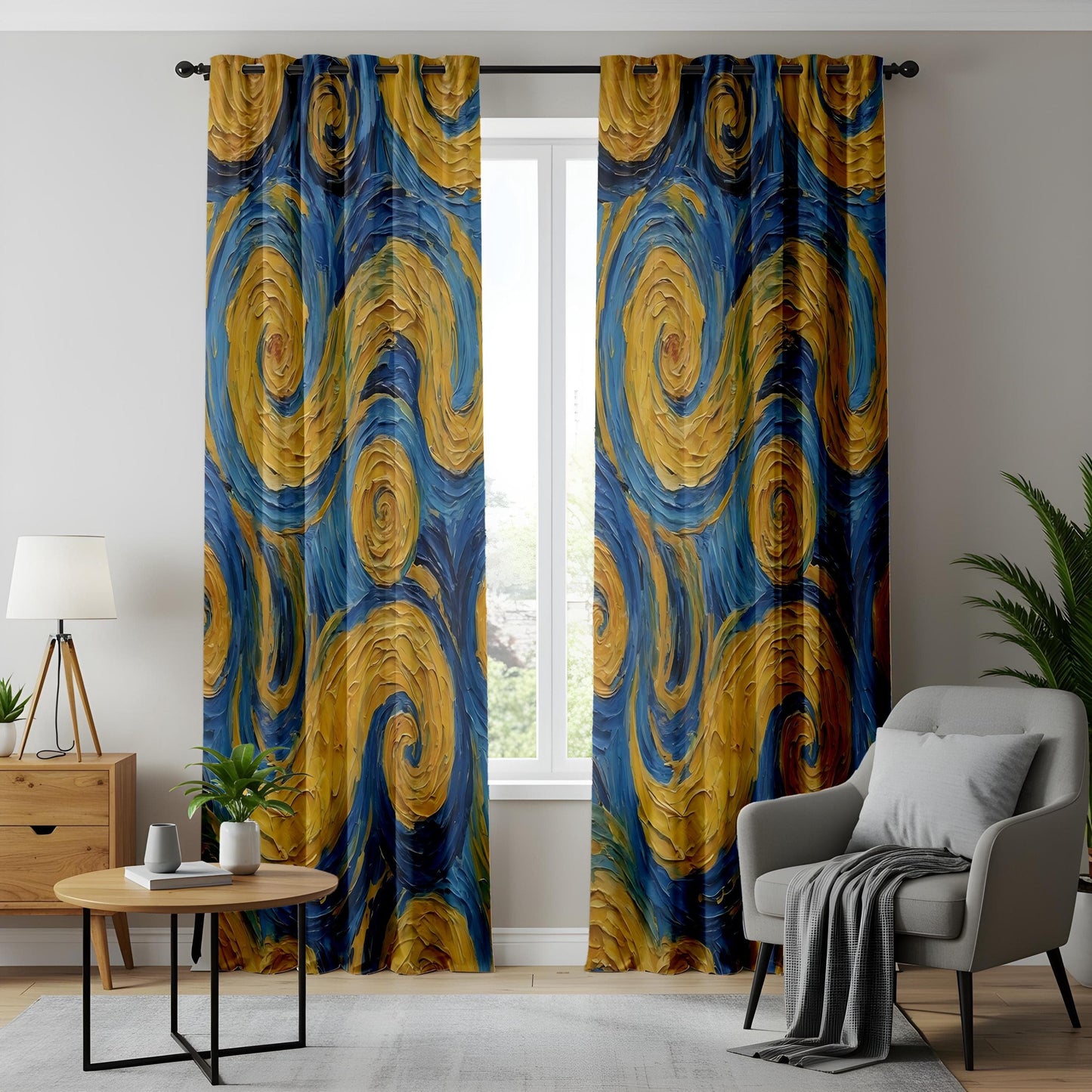 Onay Abstract Swirl Curtains – Blue & Yellow Painterly Drapes