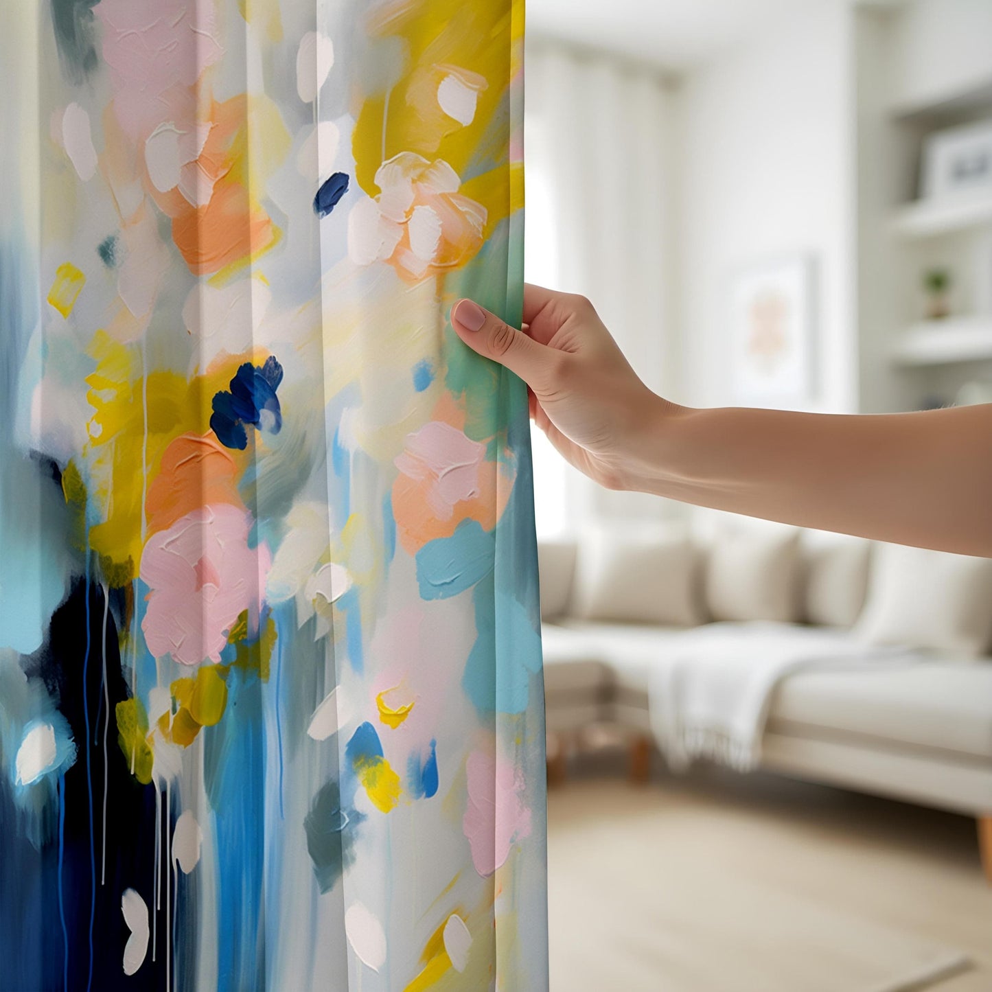 Onay Abstract Watercolor Floral Living Room Curtains, Soft Pastel Home Decor