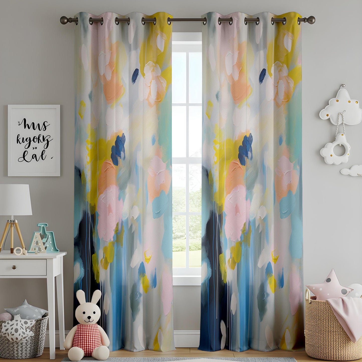 Onay Abstract Watercolor Floral Living Room Curtains, Soft Pastel Home Decor