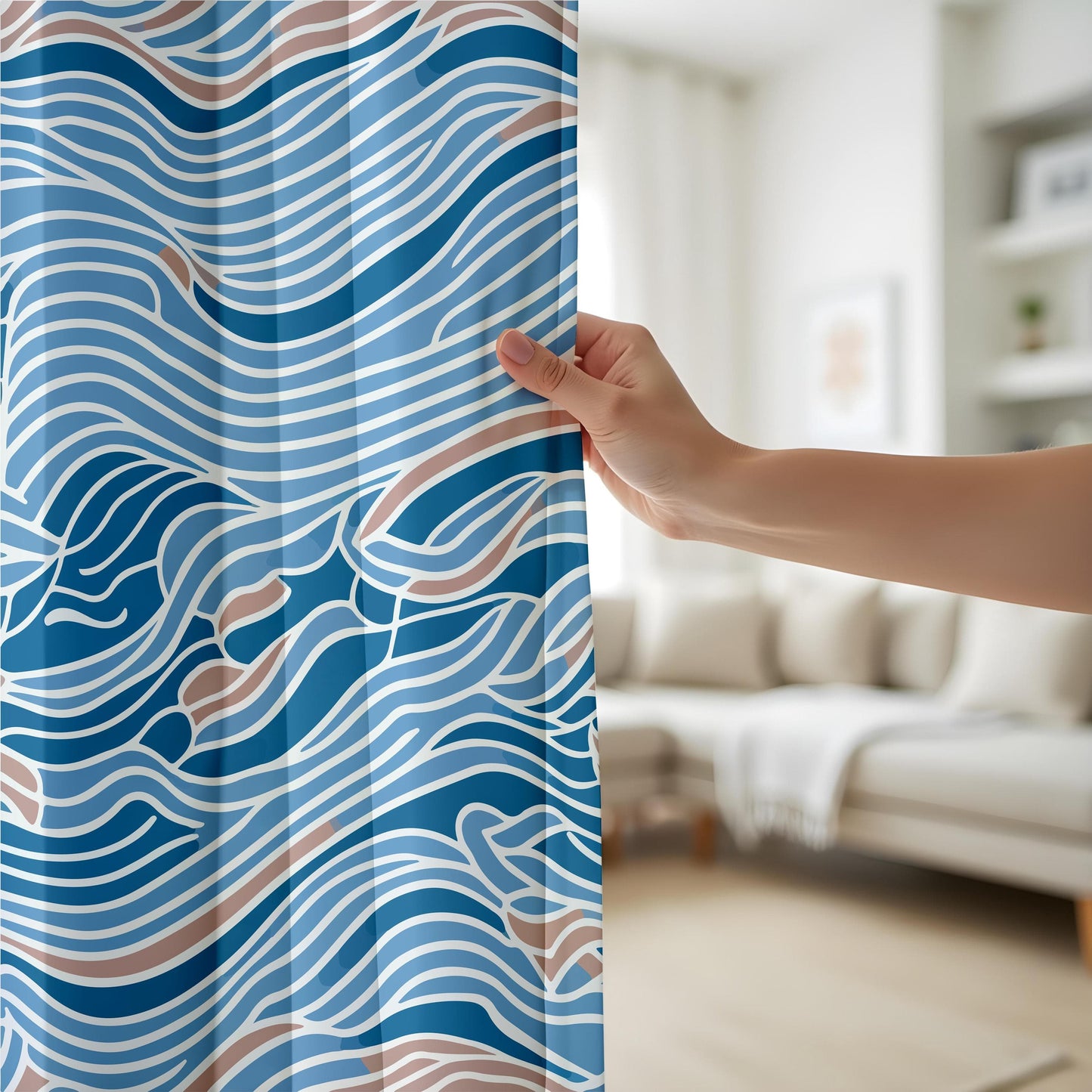 Onay Abstract Waves Pattern Curtains, Blue and Beige Tones, Modern Coastal Styl