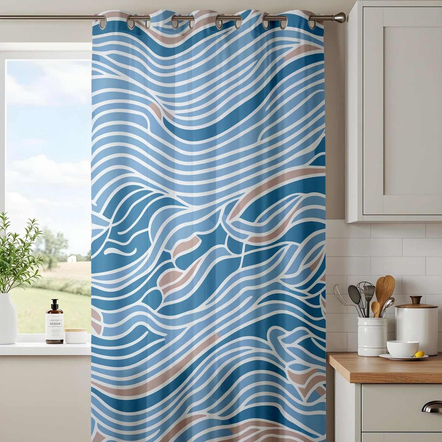 Onay Abstract Waves Pattern Curtains, Blue and Beige Tones, Modern Coastal Styl