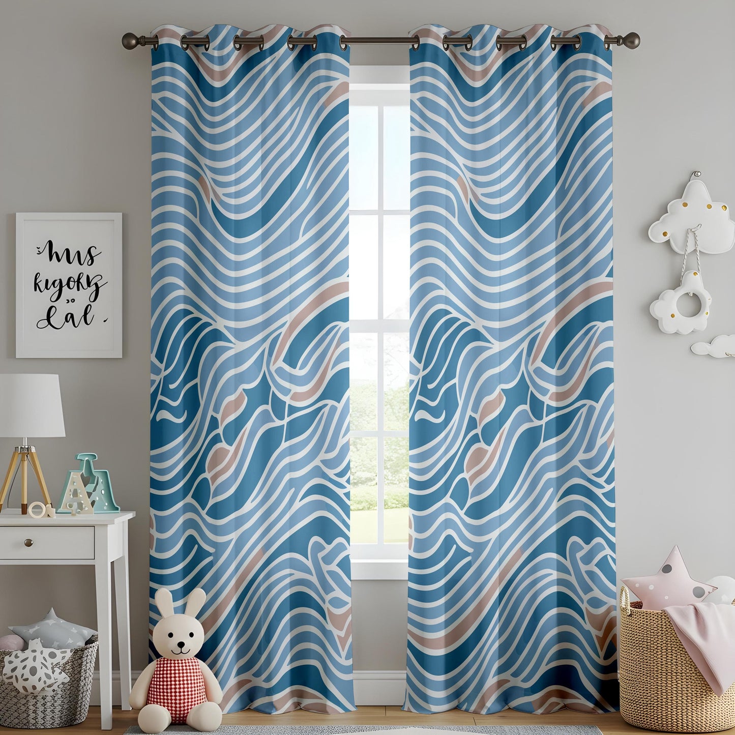 Onay Abstract Waves Pattern Curtains, Blue and Beige Tones, Modern Coastal Styl
