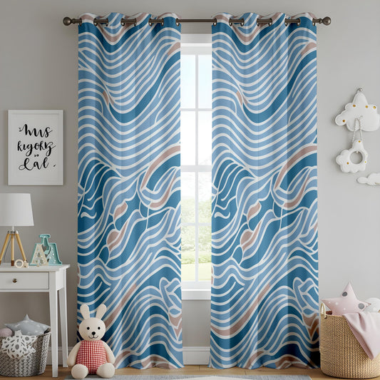 Onay Abstract Waves Pattern Curtains, Blue and Beige Tones, Modern Coastal Styl