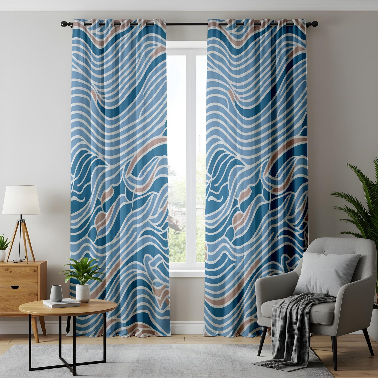 Onay Abstract Waves Pattern Curtains, Blue and Beige Tones, Modern Coastal Styl