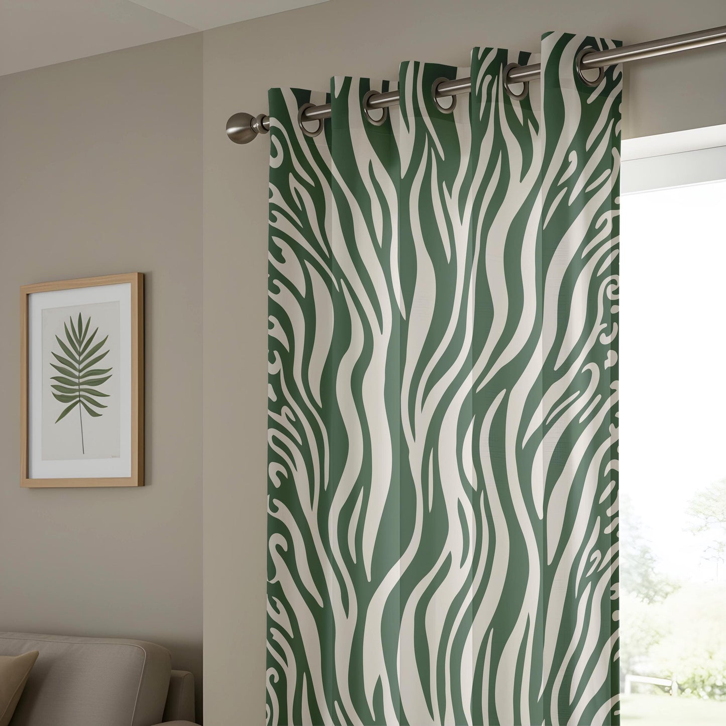Onay Abstract Wavy Living Room Curtains, Modern Green & Beige Drapes