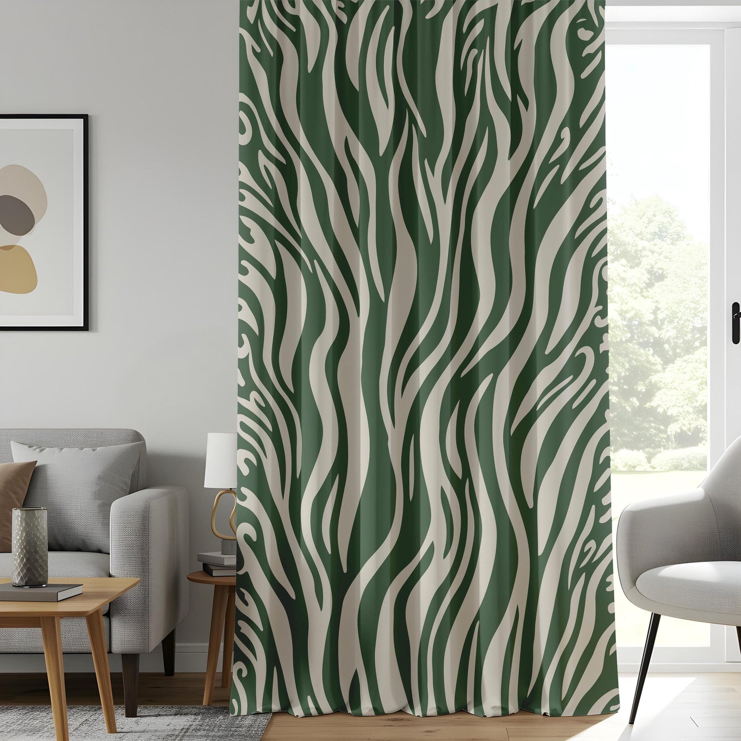 Onay Abstract Wavy Living Room Curtains, Modern Green & Beige Drapes