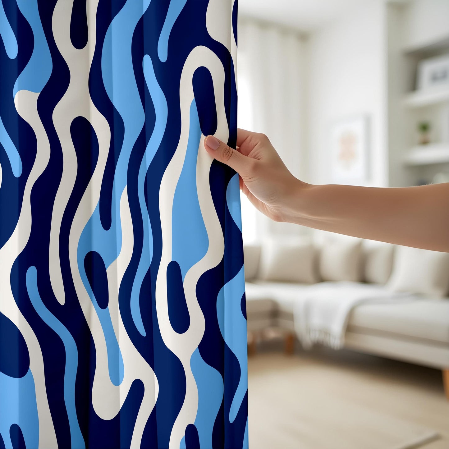 Onay Abstract Wavy Pattern Curtains, Navy and Light Blue Tones