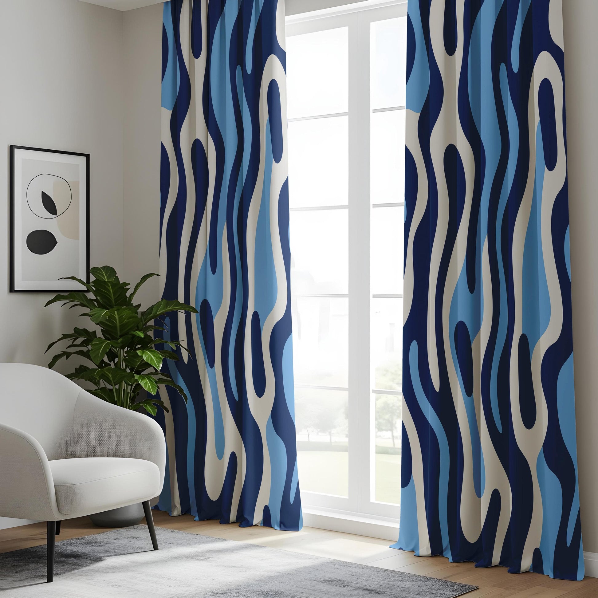 Onay Abstract Wavy Pattern Curtains, Navy and Light Blue Tones