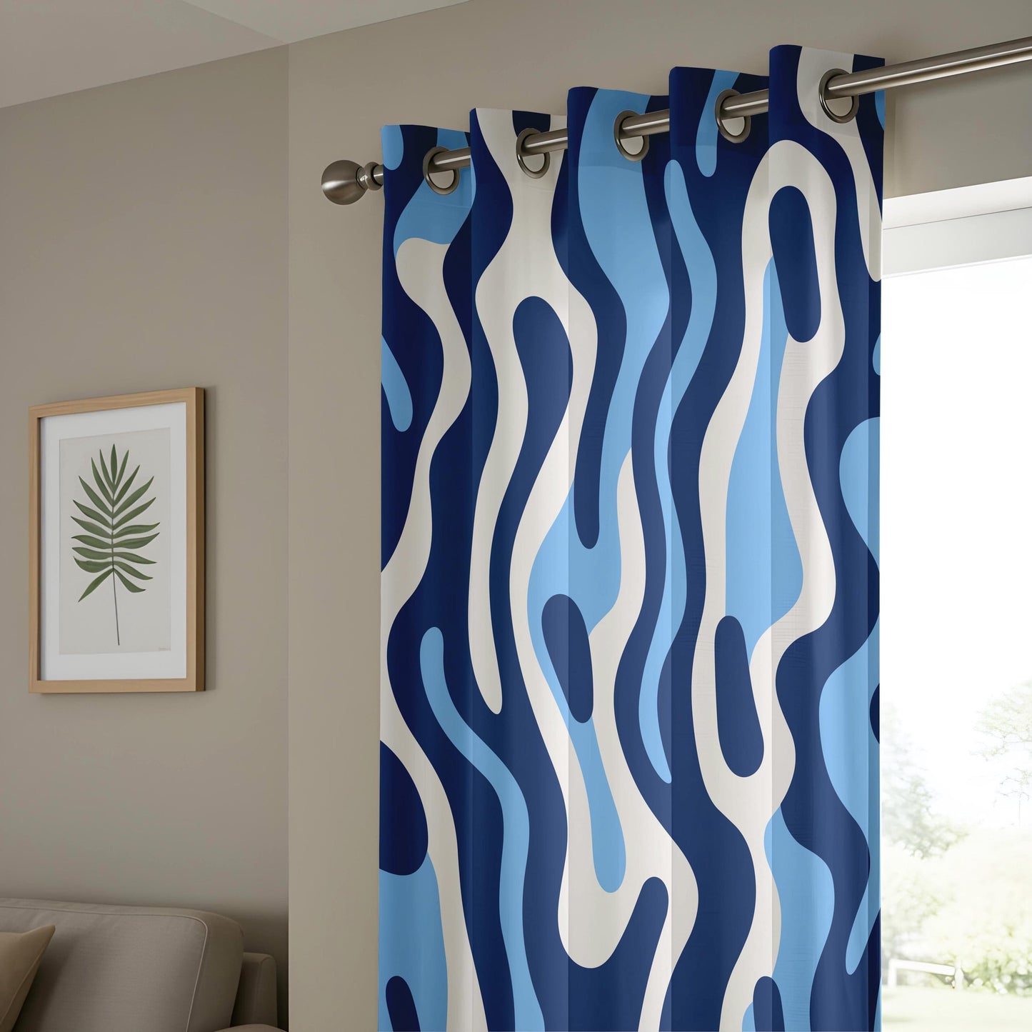 Onay Abstract Wavy Pattern Curtains, Navy and Light Blue Tones