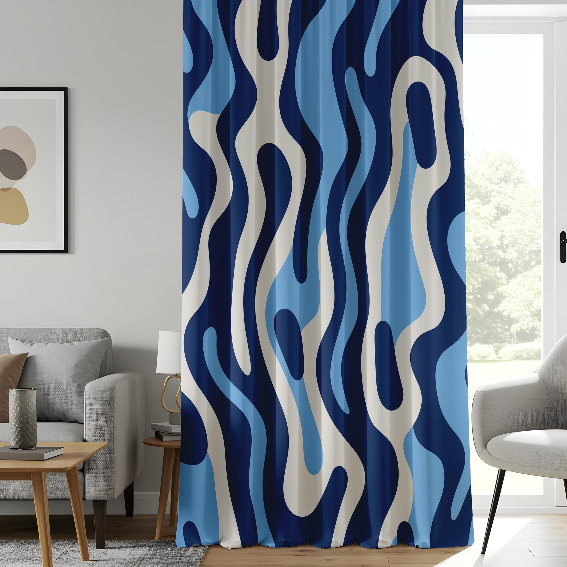 Onay Abstract Wavy Pattern Curtains, Navy and Light Blue Tones