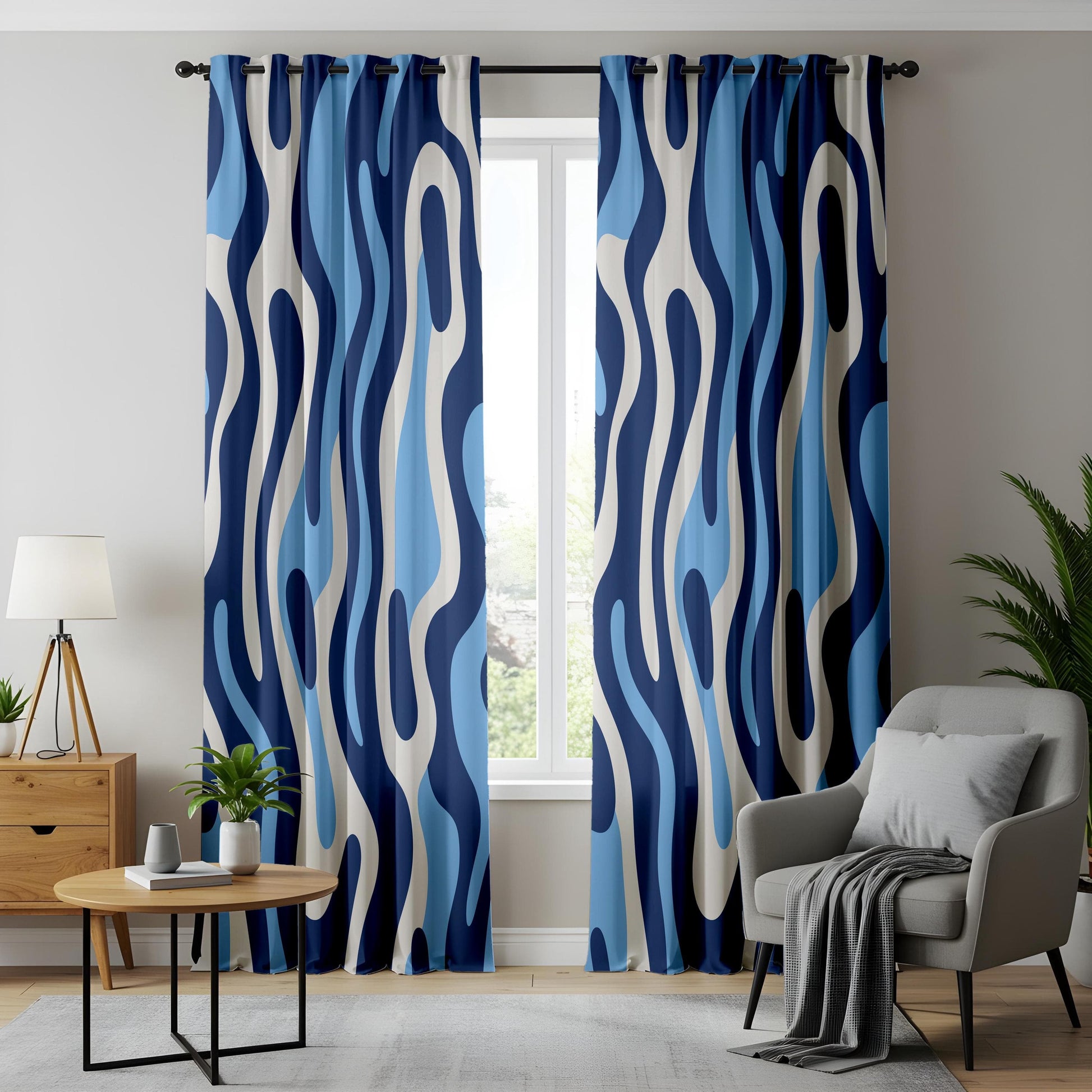 Onay Abstract Wavy Pattern Curtains, Navy and Light Blue Tones