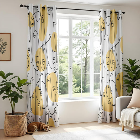 Onay Abstract Yellow Line Art Curtains – Modern Face Design Drapes for Contemporary Interiors