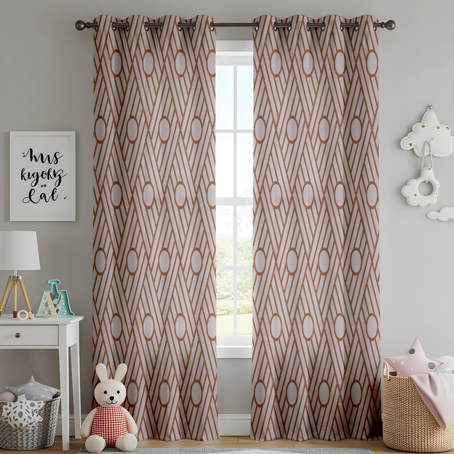 Onay Art Deco Geometric Curtains – Brown and Beige Line Art Drapes