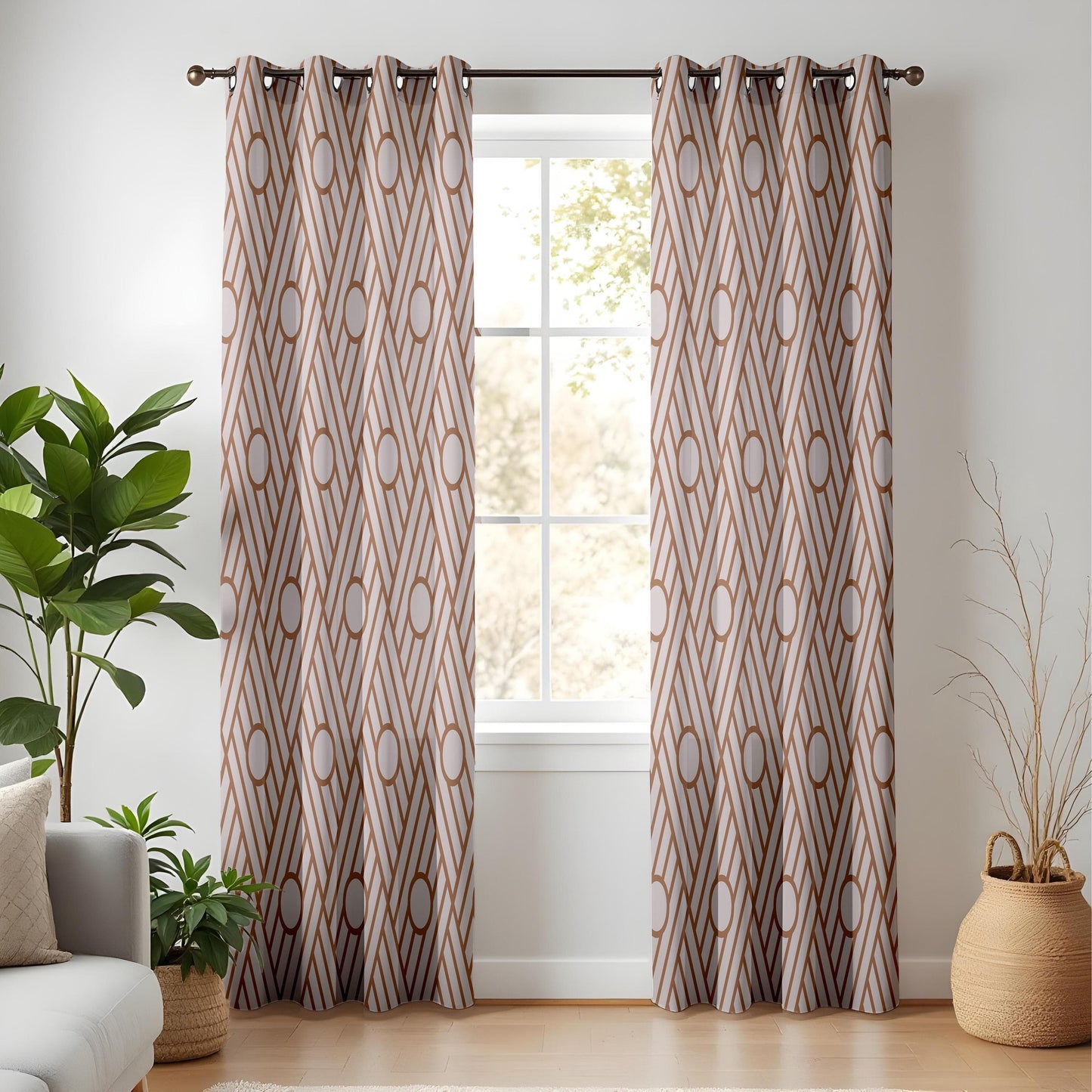 Onay Art Deco Geometric Curtains – Brown and Beige Line Art Drapes