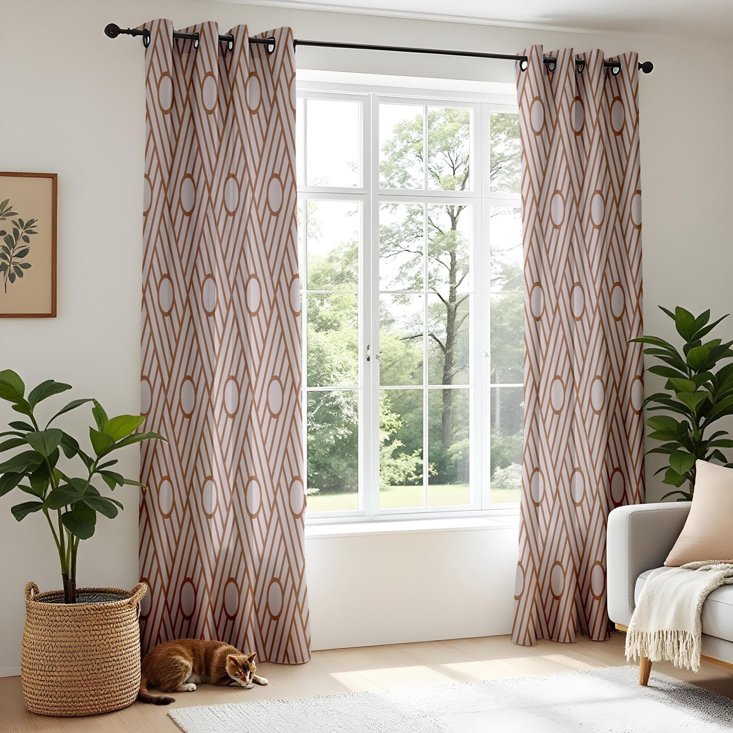 Onay Art Deco Geometric Curtains – Brown and Beige Line Art Drapes