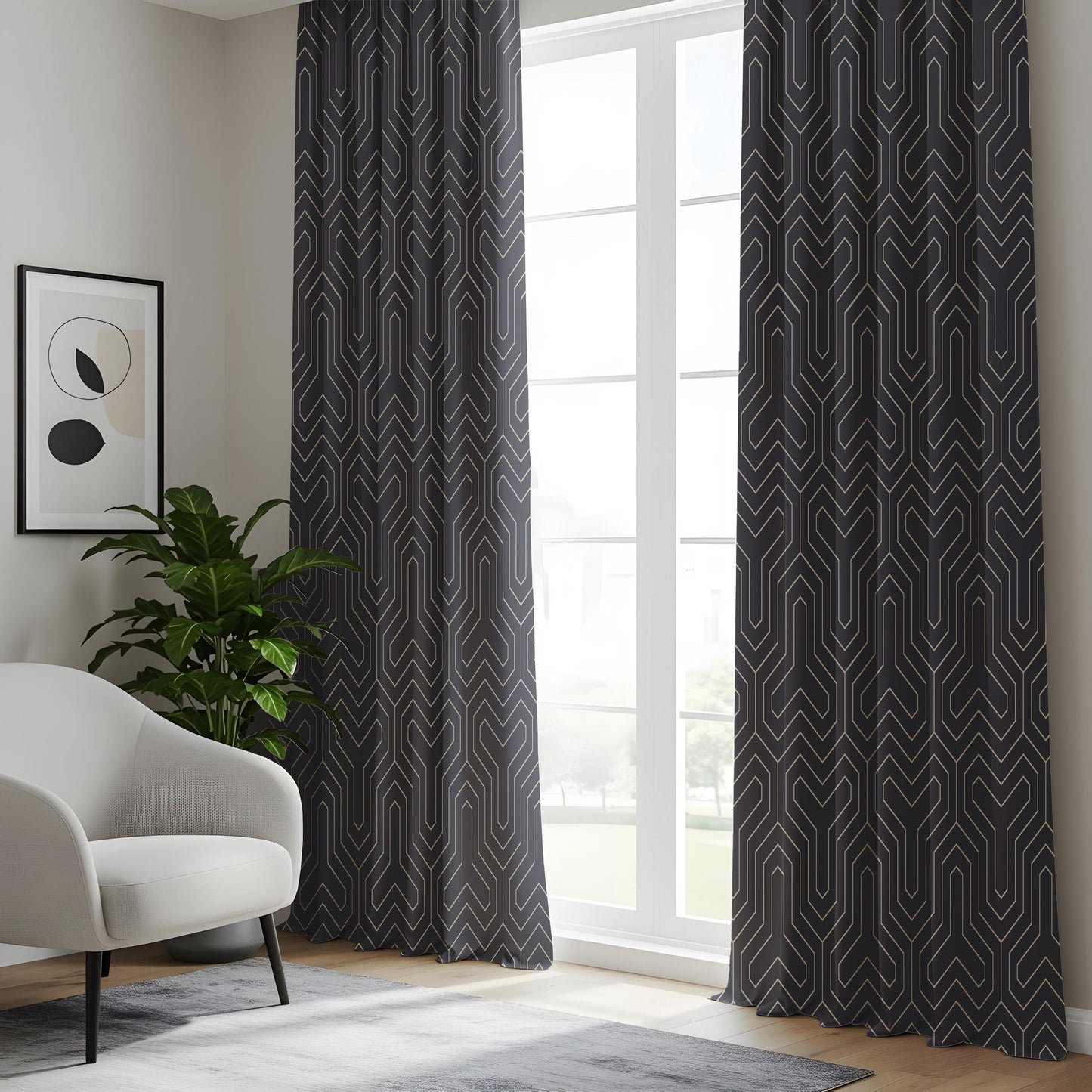 Onay Art Deco Geometric Living Room Curtains, Luxury Black ve Line Window Drapes