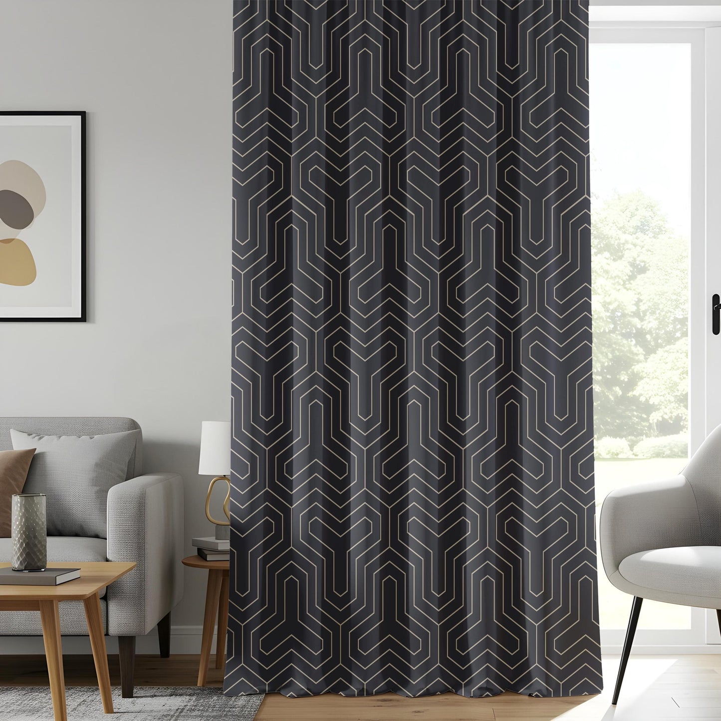 Onay Art Deco Geometric Living Room Curtains, Luxury Black ve Line Window Drapes