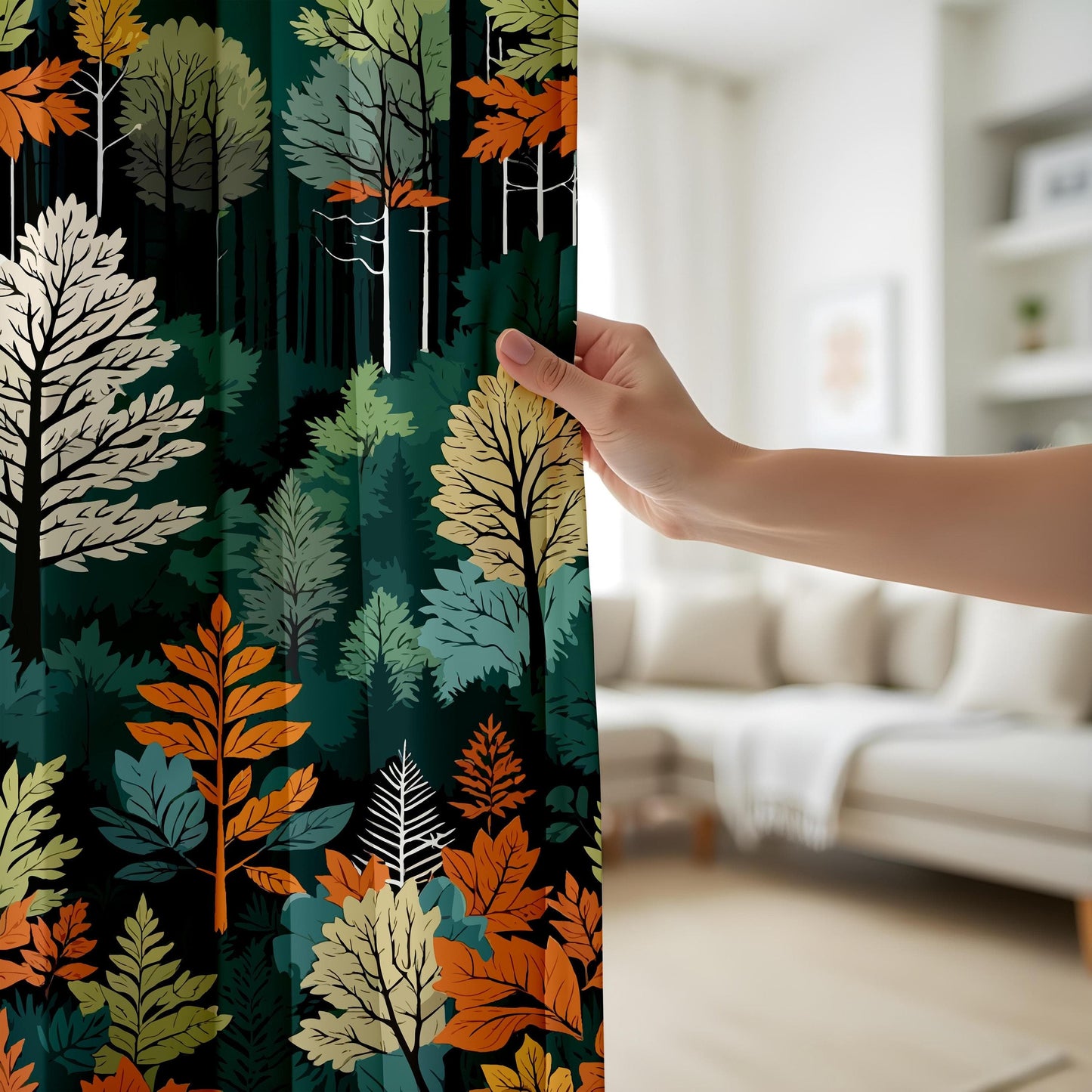 Onay Autumn Forest Curtains – Green and Orange Leaf Drapes for Cozy Nature-Inspired Interiors