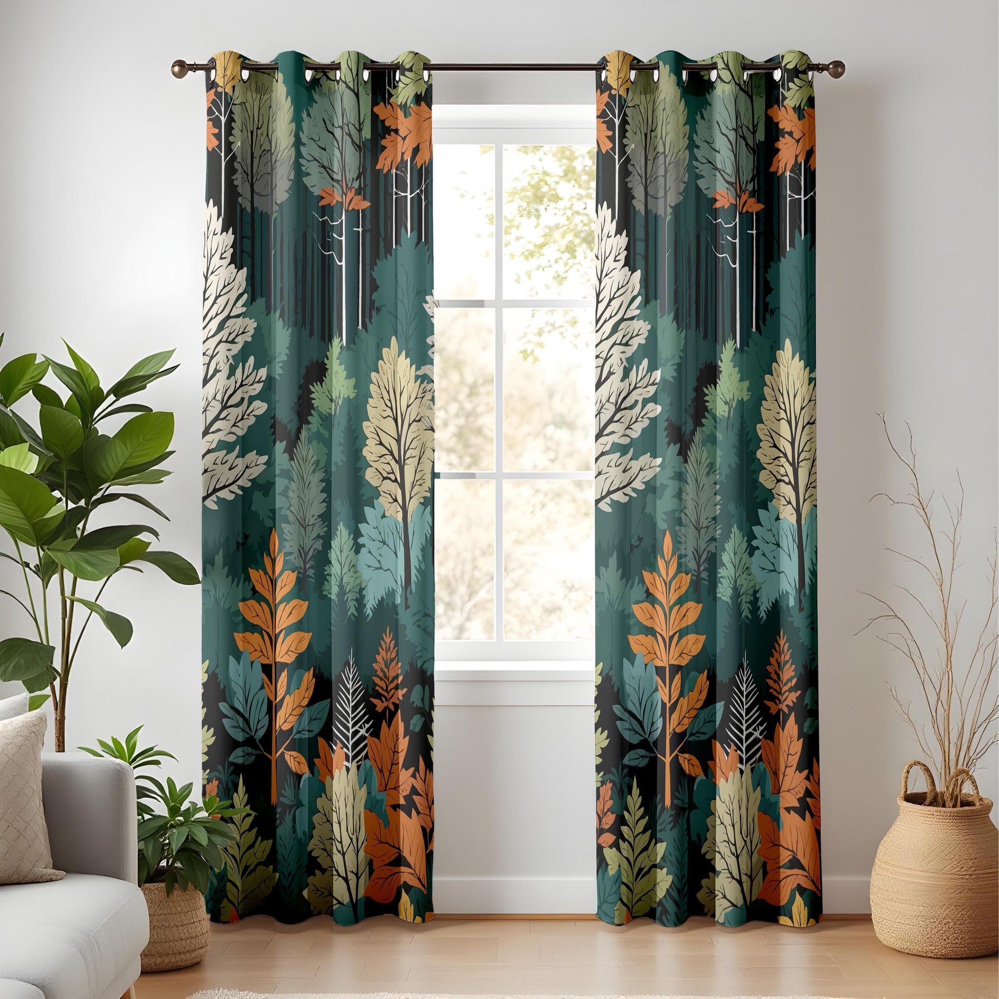 Onay Autumn Forest Curtains – Green and Orange Leaf Drapes for Cozy Nature-Inspired Interiors
