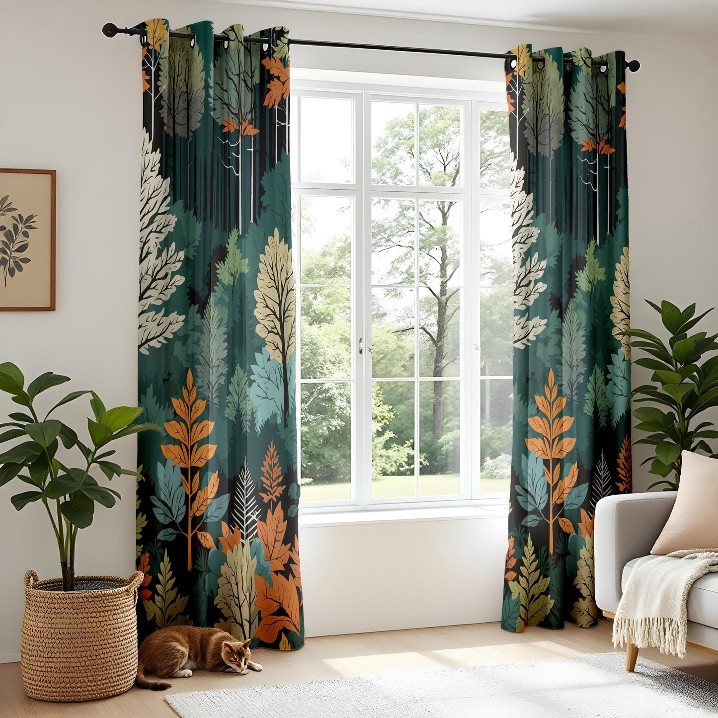 Onay Autumn Forest Curtains – Green and Orange Leaf Drapes for Cozy Nature-Inspired Interiors