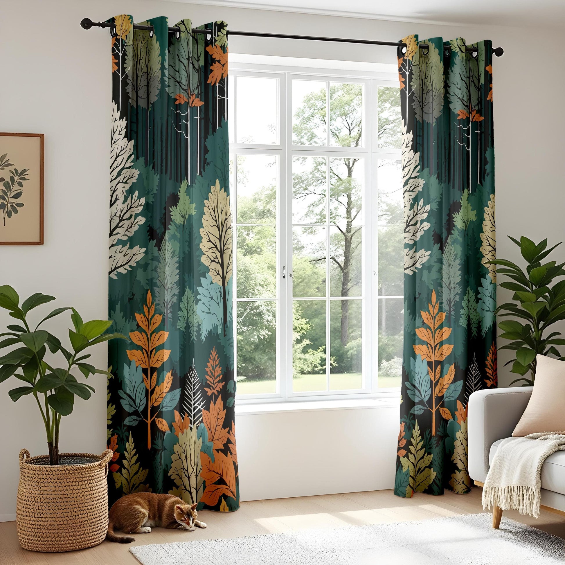 Onay Autumn Forest Curtains – Green and Orange Leaf Drapes for Cozy Nature-Inspired Interiors