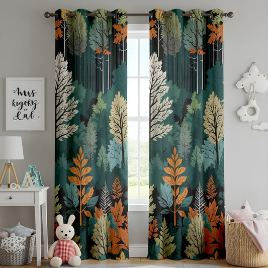 Onay Autumn Forest Curtains – Green and Orange Leaf Drapes for Cozy Nature-Inspired Interiors