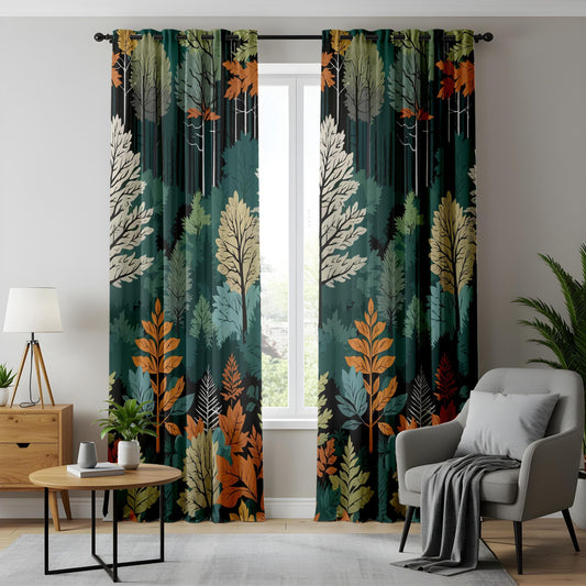 Onay Autumn Forest Curtains – Green and Orange Leaf Drapes for Cozy Nature-Inspired Interiors